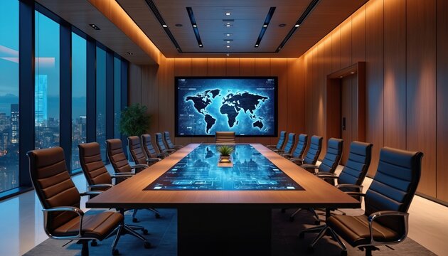 Modern conference room with large digital world map screen. Futuristic illuminated table, sleek chairs ready for global meetings. City skyline view at dusk shows urban setting. Smart tech enhances