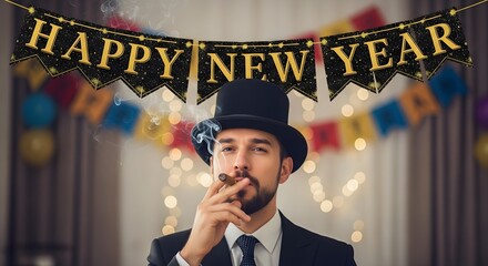 Man in top hat smoking cigar with happy new year banner