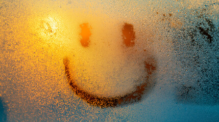 Frosted window with a drawn smiley face letting sunlight in, symbol of optimism and joy