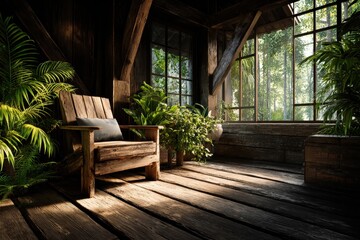 Obraz premium Sunlight streaming into a cozy wooden cabin filled with lush greenery and inviting seating in a peaceful forest setting