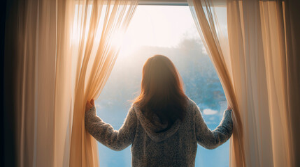 Plakat Woman opening curtains to reveal bright snowy morning, hopeful start of the new year