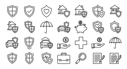Collection of outline shield and insurance line icons, including house, car, umbrella, piggy bank, heart, medical cross, hand with coin, briefcase, magnifying glass, and document with pen, perfect
