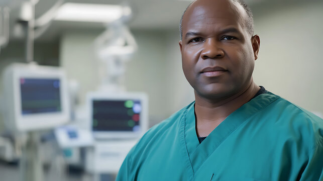 Confident health professional in scrubs stands in a modern medical setting, ready to provide expert care. A portrait of skill and dedication.
