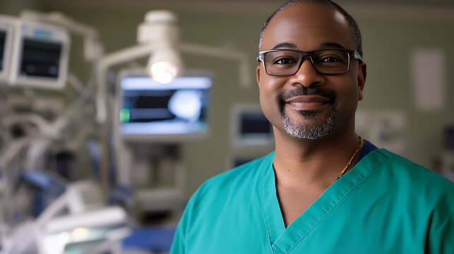 A confident surgeon with glasses, smiling in the operating room, embodying expertise and compassionate care. His presence instills trust and reassurance.