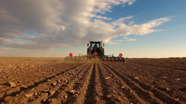 Agricultural tractor plowing soil in a vast field, showcasing motion and power, camera follows with a smooth dolly movement capturing the action