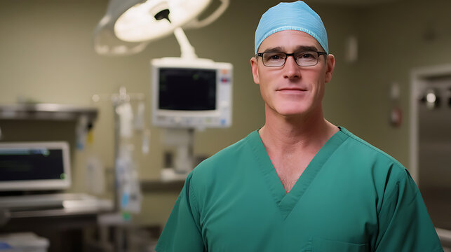Portrait of a confident surgeon in scrubs and surgical cap, standing in an operating room with medical equipment in the background, ready to perform his duties, health care.
