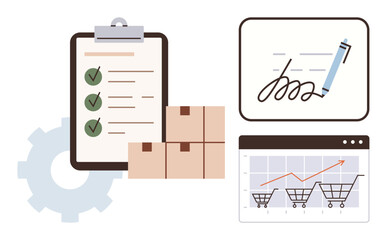 Clipboard with checklist, stacked boxes, gear, signature pad, and sales graph elevate the concept of e-commerce operations. Ideal for logistics, productivity, shipping, analytics workflow