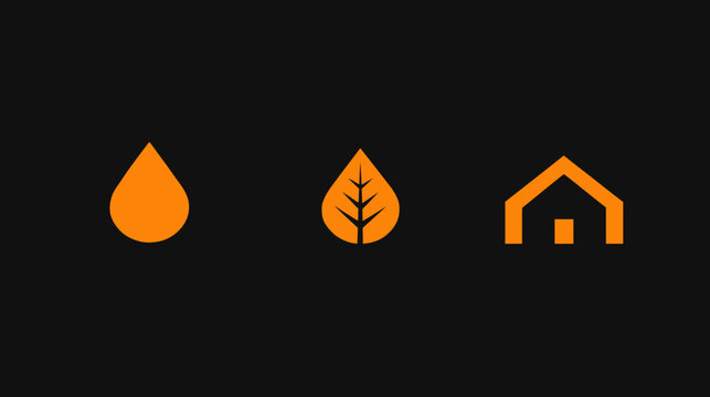 Three orange minimalist icons a drop, a leaf with veins, and a house on black