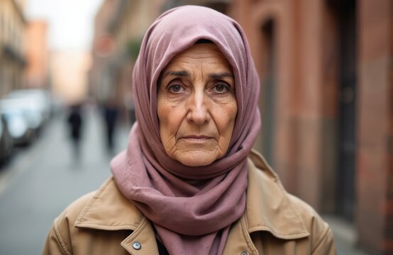 Elderly Arab woman wears pink hijab and beige jacket. Mature female stands on urban street. She has wrinkled face looking seriously. Woman is of Middle Eastern descent.