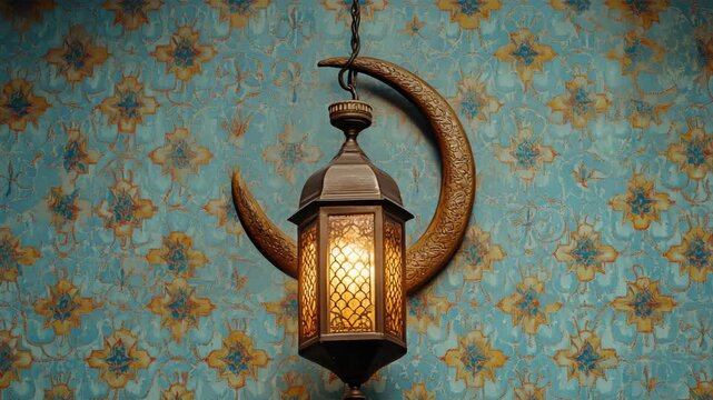 Islamic lantern with metalwork artistry on a patterned backdrop.