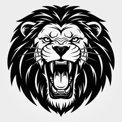 Roaring Lion Head - Fierce Black and White Vector Illustration.