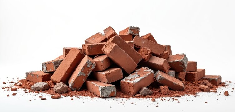 Large pile of old red bricks sits on white studio background. Broken clay brick material forms construction rubble heap. Recycled building waste debris ready for reuse disposal. Industrial raw