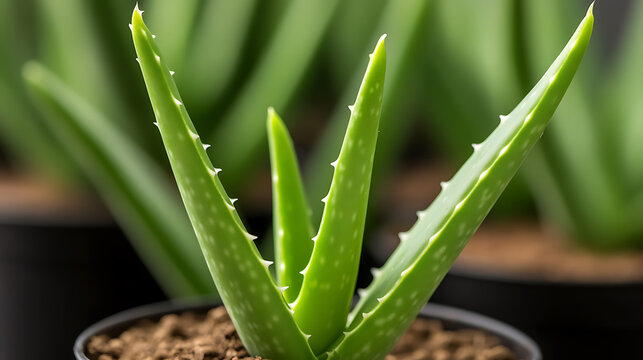 A close-up of a vibrant green aloe vera plant in a pot. The leaves are thick and fleshy, with serrated edges, showcasing its medicinal and decorative properties. Nature's healing touch.