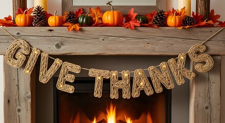 Give thanks banner on mantel with pumpkins, gourds, and fall leaves for thanksgiving celebration