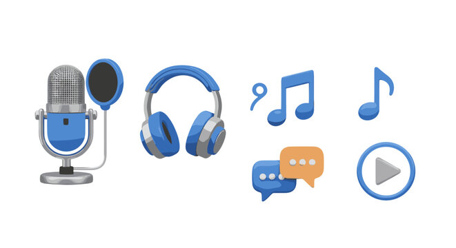 A vibrant 3D illustration featuring a retro-style blue microphone with a pop filter, a pair of blue and silver headphones, musical notes, chat bubbles, and a play button icon, symbolizing audio
