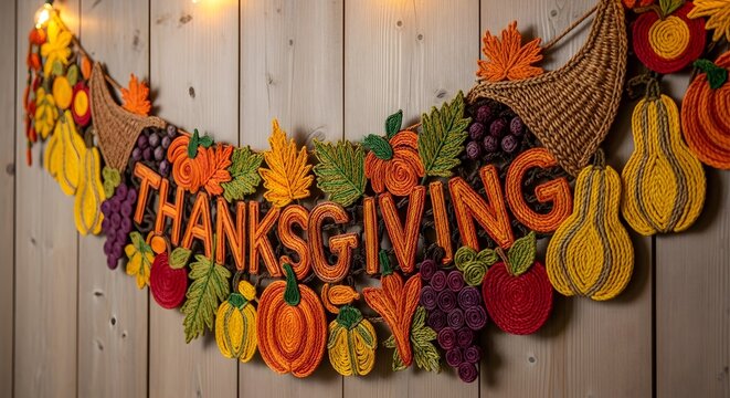 A colorful thanksgiving garland with pumpkins, cornucopias, and the word thanksgiving on a wooden wall