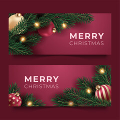 Two horizontal Christmas banners with fir branches, baubles and lights on pink background