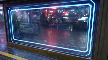 Futuristic digital display panel with neon interface design on a city street at night, featuring sci-fi HUD elements.