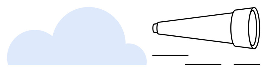 Minimalist illustration of a telescope aimed past a cloud, representing exploration, focus, vision. Ideal for innovation, strategy, discovery, forecasting opportunity planning inspiration. Simple