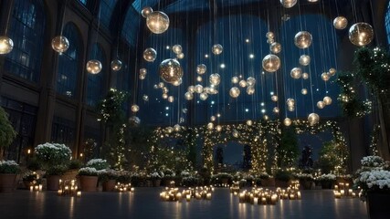 Gentle light illuminates beautiful plants and elegant decor as the evening unfolds in a charming indoor location with a festive vibe