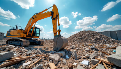 Yellow excavator at work on construction site with pile of debris. Earth moving machinery on sunny day at landfill. Industrial equipment for waste disposal.