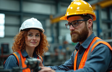 Man, woman industrial workers wear hard hats, safety vests inside factory. Appear to discussing project machinery, working together as team. Woman curly red hair, man sports beard, glasses.