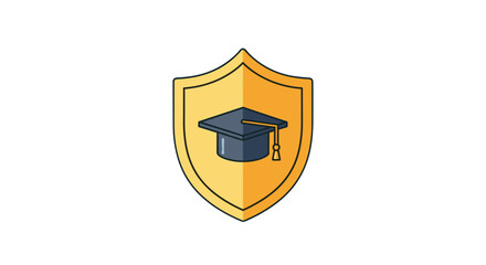 A stylized, modern graphic design featuring a golden shield emblem with a dark blue graduation cap inside, symbolizing education, protection, and academic achievement. This clean, vector illustration