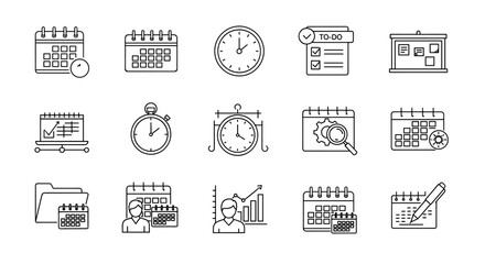 Vector illustration of a comprehensive date management line icon set, featuring editable elements for calendar, planning, scheduling, time tracking, to-do lists, and business analytics, presented on