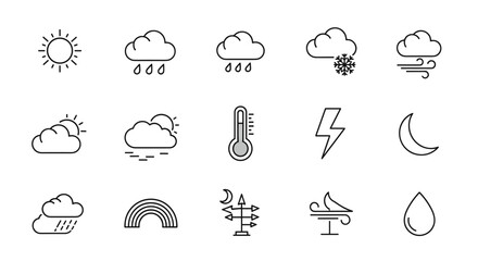 Fototapeta premium Collection of 15 editable line icons representing various meteorological phenomena and weather conditions, including sun, clouds, rain, snow, wind, lightning, moon, rainbow, and thermometer, suitable