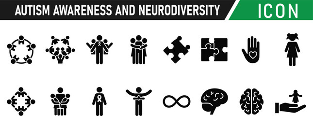 Autism awareness and neurodiversity support concept glyph icon set. Including Puzzle Piece, Brain, Heart, Infinity Symbol, Community, Support Hand, Neuron, Spectrum. Vector silhouette illustration
