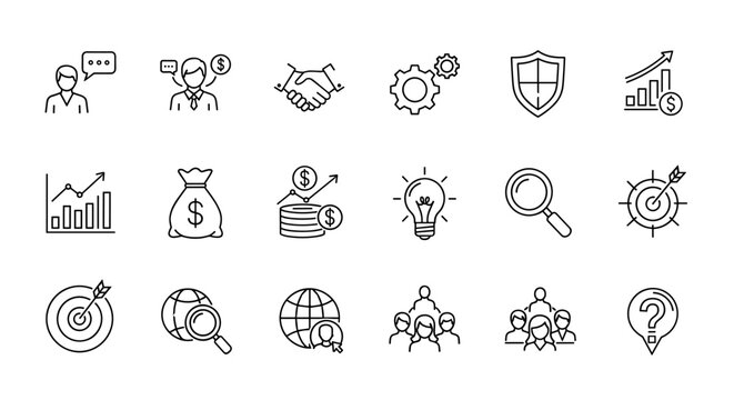 A collection of 15 editable line icons representing business concepts, including communication, finance, teamwork, strategy, and problem-solving, presented on a clean white background for versatile