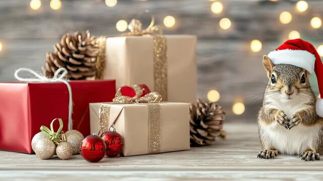 A delightful squirrel in a Santa hat enjoys the holiday spirit beside colorful presents and twinkling lights