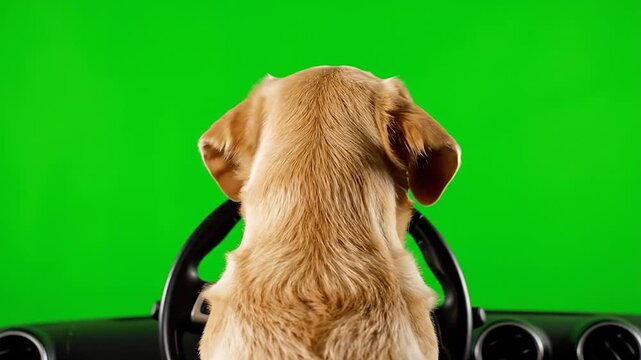 Golden Labrador retriever dog sitting behind the steering wheel of a car facing backward to the camera on a green screen, isolated with chroma key, real shot. A dog is driving a car / vehicle.