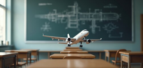 Classroom with airplane model on desks. Blackboard aircraft drawing in background. Education concept illustration for aeronautics engineers aviation flight school. Aircraft design, mechanical