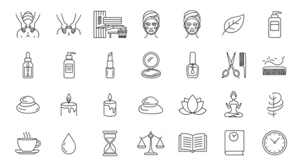 A comprehensive collection of beauty and spa icons, perfect for representing spa treatments, cosmetic services, and the concept of a healthy lifestyle. This set includes icons for face and body care
