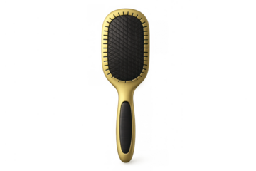 Gold paddle hairbrush with black bristles for hair care, styling, and grooming on transparent background