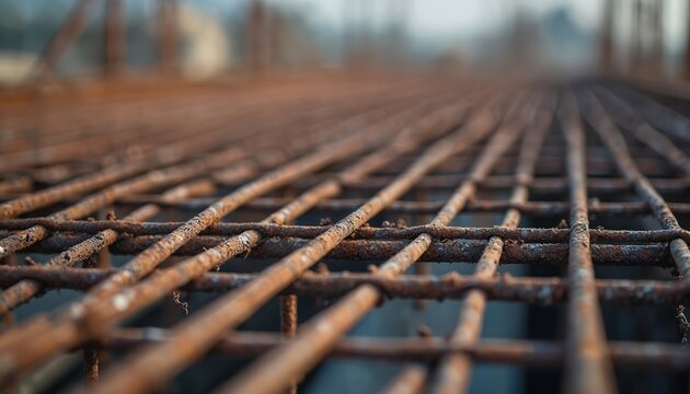 Rusted steel rebar grid forms base for concrete structure. Metal mesh prepares for building foundation, reinforcing new construction project. - Powered by Adobe
