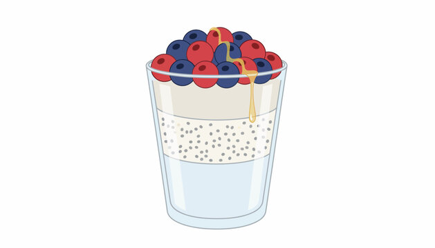 Chia seed parfait glass with layered milk, yogurt, chia, fresh blueberries and raspberries, drizzled honey on top healthy, fresh breakfast or dessert on white background
