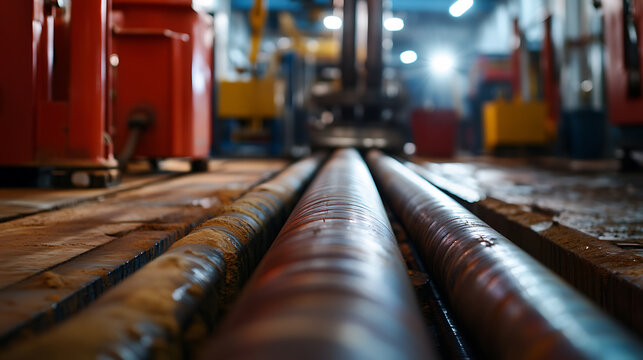 Inside an industrial facility, parallel metal pipes stand out in sharp focus against the blurred machinery and bright lights. The focus emphasizes precision and functionality.