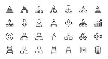 Hierarchy and Organization Icons Pack: A collection of thin line icons representing organizational structures, team management, growth charts, and process flows, ideal for business, technology, and