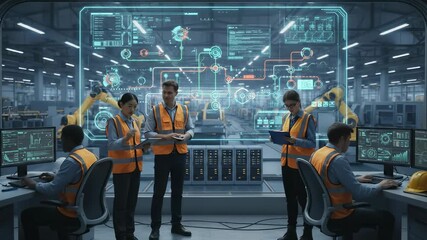 Manufacturing team collaborating on holographic interface in modern factory control room. Production optimization and digital transformation. Lockdown wide shot. - Powered by Adobe