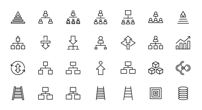 Hierarchy and Organization Icons Pack: A collection of thin line icons representing organizational structures, team management, growth charts, and process flows, ideal for business, technology, and