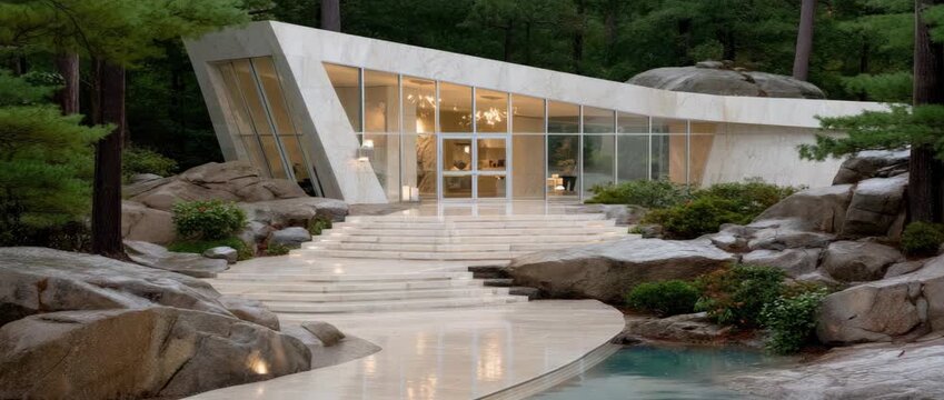 Discover an elegant structure surrounded by rocks and calm water, blending architecture with nature in peaceful harmony