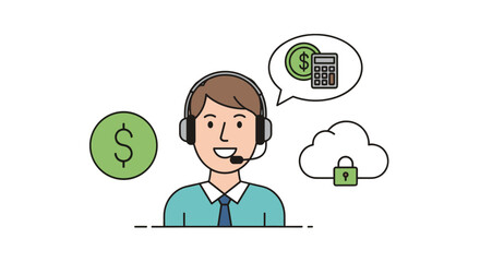 Smiling customer service agent wearing a headset, with icons representing finance, calculation, and secure cloud storage in speech bubbles, symbolizing financial services, data security, and