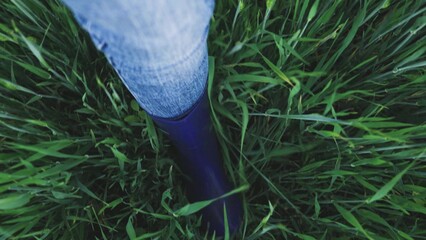 Walking with your feet in rubber boots in a wheat field, farm work in the meadow, business...