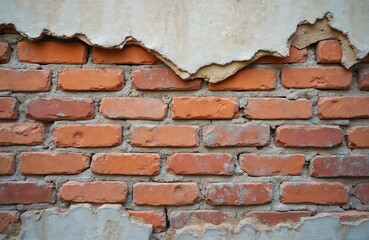 Textured brick wall with peeling stucco aged red bricks, weathered concrete mortar. Rough surface displays cracks, imperfections, suggesting decay renovation. Pattern offers rustic backdrop for