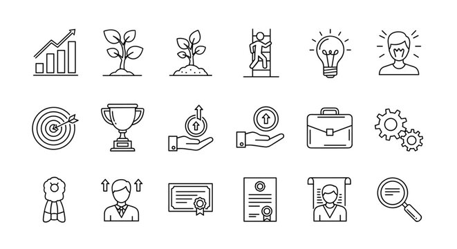 Set of editable vector icons representing success and growth, including personal, professional, and financial development, career advancement, goal achievement, innovation, and business progress