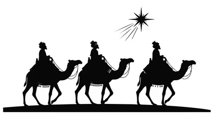 Three wise men on camels follow a star across the desert night