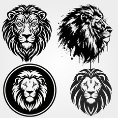 Set of Four Stylized Lion Head Illustrations in Black and White.
