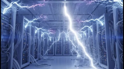 Power surge with lightning bolts in a server farm aisle. Concept for cybersecurity breach or critical system failure. Eye level view with slow panning. - Powered by Adobe
